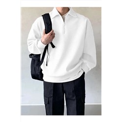 GENIUS STORESTORE Erkek Polo Yaka Oversize Sweatshirt Yarım Fermuar Sweatshirt