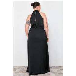Siyah Halter Yaka Saten Maxi/Uzun Boy Büyük Beden Party/Mezuniyet/Abiye Elbise TBBSS24AH00150
