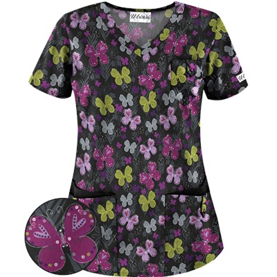 UA Butterfly Bounty Black Scrub Top
