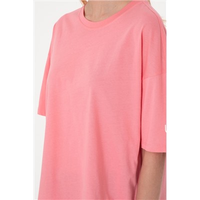 Kadın Pembe Oversize Bisiklet Yaka Tişört