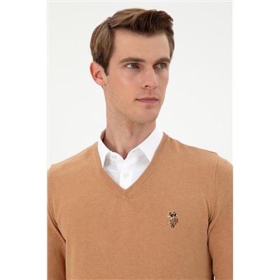 Erkek Slim Fit V Yaka Camel Melanj Basic Kazak