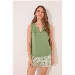 Pijama corto tirantes algodón pliegues verde