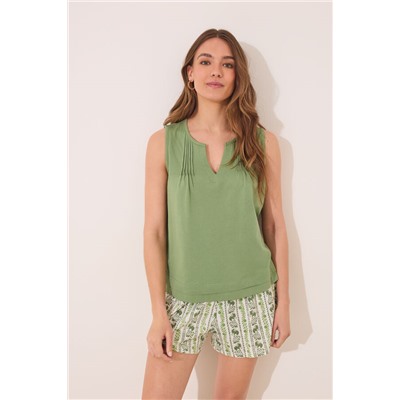 Pijama corto tirantes algodón pliegues verde