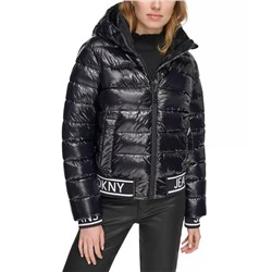 DKNY JEANS Women's Logo-Hem Hooded Shine Puffer Jacket