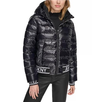 DKNY JEANS Women's Logo-Hem Hooded Shine Puffer Jacket