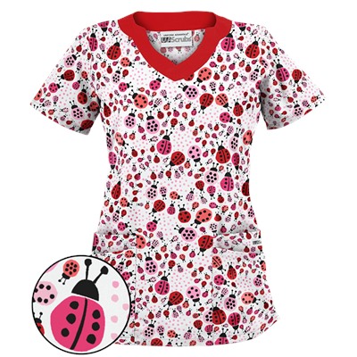 UA Lady Bug Oasis White Print Scrub Top