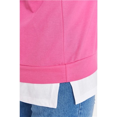 Fuşya Alttan T-Shirt Çıkma Görünümlü İnce Örme Büyük Beden Sweatshirt TBBAW23AO00023