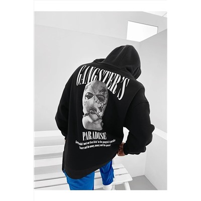 ufukmodaErkek Siyah Gangster Paradise Baskılı Oversize 3 Iplik Kapüşonlu Sweatshirt