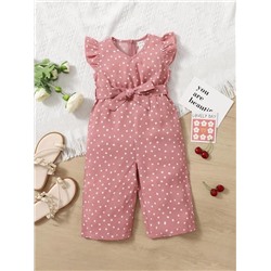 SHEIN Baby Polka Dot Ruffle Sleeve Belted Jumpsuit