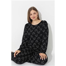 Siyah İnci Siyah Ayıcık Desenli Curve Büyük Beden Battal Boy Pamuklu Pijama Takımı 7616