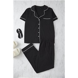 Siyah Biye Detaylı Gömlek Yaka Örme Pijama Takımı TBBAW24AI00040