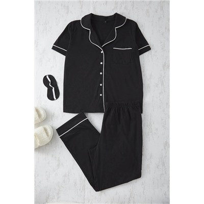 Siyah Biye Detaylı Gömlek Yaka Örme Pijama Takımı TBBAW24AI00040