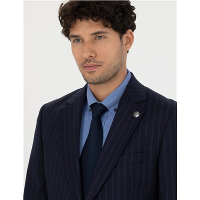 %100 Yün Lacivert Çizgili Ekstra Slim Fit Takım Elbise