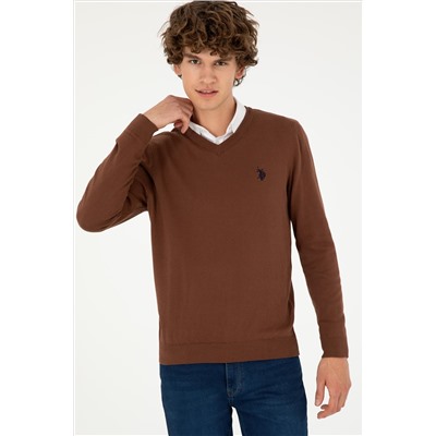Erkek Slim Fit V Yaka Kahverengi Basic Kazak
