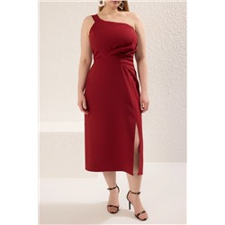 Bordo Asimetrik Tek Kol Dokuma Abiye/Mezuniyet/Kokteyl/Party Büyük Beden Elbise TBBSS25AH00108