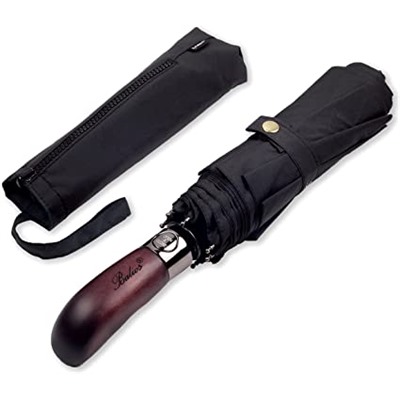Balios Travel Folding Umbrella with Real Wood Handle Auto Open Close Vented Windproof Canopy - Designed in UK