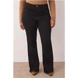 Özel Koleksiyon Siyah Yüksek Bel Nervürlü İspanyol Paça Büyük Beden Flare Jeans TBBAW26CJ00013
