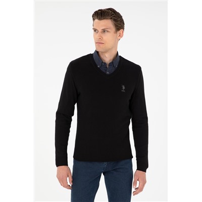 Erkek Slim Fit V Yaka Siyah Basic Kazak