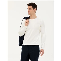 Ekru Slim Fit Bisiklet Yaka Triko Kazak