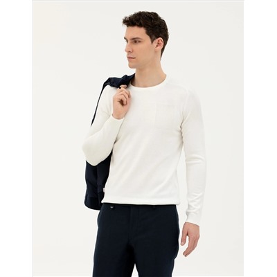 Ekru Slim Fit Bisiklet Yaka Triko Kazak