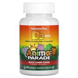NaturesPlus, Source of Life, Animal Parade, витамин D3, со вкусом натуральной черешни, 500 МЕ, 90 таблеток в форме животных