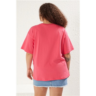 Pembe Geniş Kalıp Bisiklet Yaka Baskılı %100 Pamuk Örme T-shirt TBBSS23AH00131