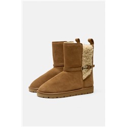 FAUX SHEARLING AND LEATHER FLAT ANKLE BOOTS