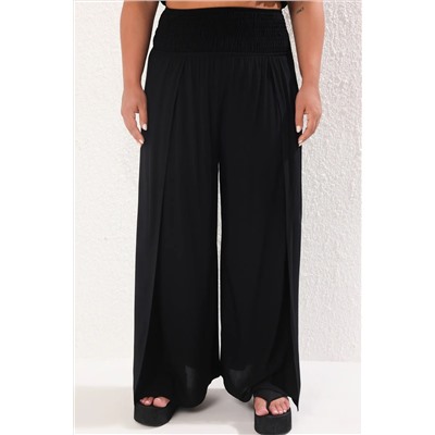 Siyah Düz Beli Gipeli Geniş Paça Plaj Giyim Büyük Beden Pantolon TBBSS25AR00010