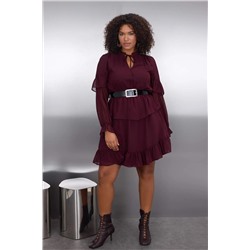 Bordo Şifon Lastik Belli Volanlı Mini Dokuma Büyük Beden Elbise TBBAW26AH00003