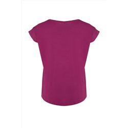 Mor Bisiklet Yaka Kol Detaylı %100 Pamuk Örme T-Shirt TBBSS22BF0023