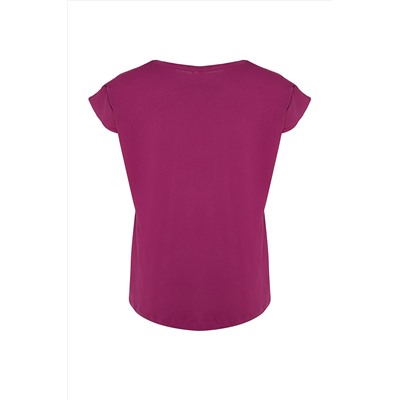 Mor Bisiklet Yaka Kol Detaylı %100 Pamuk Örme T-Shirt TBBSS22BF0023