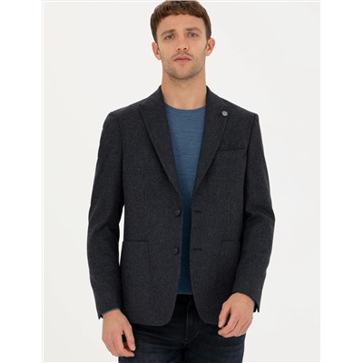 Lacivert Slim Fit Yün Karışımlı Ceket