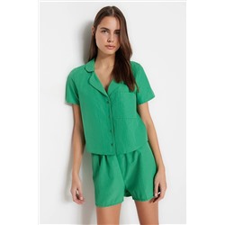 TRENDYOLMİLLA Yeşil Terrycotton Gömlek-Şort Dokuma Pijama Takımı THMSS23PT00132