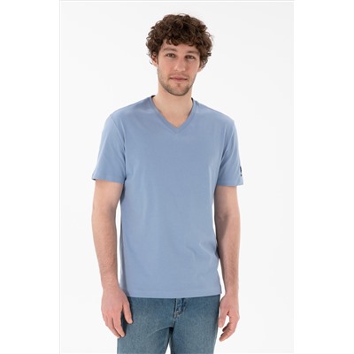 Erkek Regular Fit  V Yaka Mavi Basic Tişört