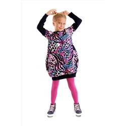 Mushi Leopar Desenli Pembe Lacivert Kız Çocuk Elbise MS-23K1-004