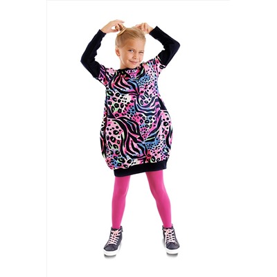 Mushi Leopar Desenli Pembe Lacivert Kız Çocuk Elbise MS-23K1-004