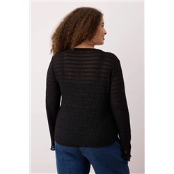 Siyah Premium Bağlama Detaylı Dokulu V Yaka Esnek Örme Büyük Beden Bluz TBBAW26AF00032