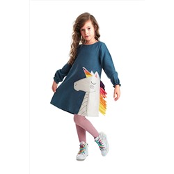 Denokids, Renkli Unicorn Kız Çocuk Dokuma Lacivert Kışlık Elbise