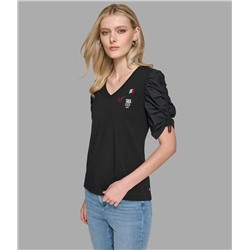 RUCHED SHORT SLEEVE TOP WITH PINS