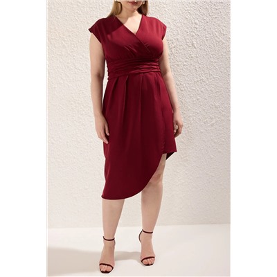 Bordo Dokuma Beli Büzgülü Elbise TBBSS22AH0247