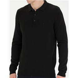 Siyah Slim Fit Polo Yaka Basic Triko Kazak