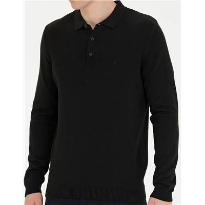 Siyah Slim Fit Polo Yaka Basic Triko Kazak