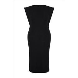 Siyah Bisiklet Yaka Midi Boy Örme Büyük Beden Elbise TBBSS24AH00070