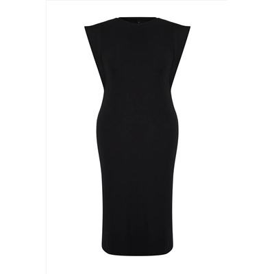 Siyah Bisiklet Yaka Midi Boy Örme Büyük Beden Elbise TBBSS24AH00070