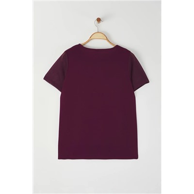 Mürdüm Kalp Yaka Mesh Detaylı Örme Bluz TBBSS24AF00046