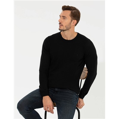 Siyah Slim Fit Bisiklet Yaka Basic Triko Kazak