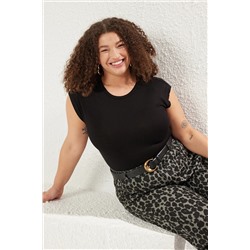 Siyah Kaşkorse Fitted/Vücuda Oturan Örme Büyük Beden Bluz TBBSS25AF00011