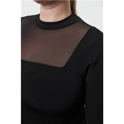 Siyah Fitted/Vücuda Oturan Tül Detaylı Uzun Kollu Dik Yaka Esnek Çıtçıtlı Örme Body TBBAW25CS00003