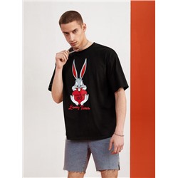 LOONEY TUNES X SHEIN Men 1pc Rabbit & Slogan Graphic Drop Shoulder Tee
