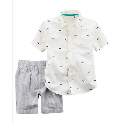2-Piece Sunglasses Button-Front & Striped Short Set